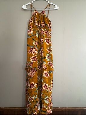 xhilaration XS Vacation Halter Neck Orange Floral Maxi Dress Ruffle Girlhoodcore